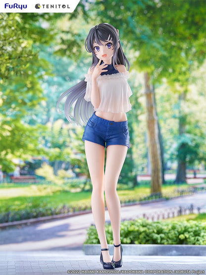  Rascal Does Not Dream of Bunny Girl Senpai Tenitol Tall Mai Sakurajima Figure in white off-shoulder top and blue shorts with long flowing hair.