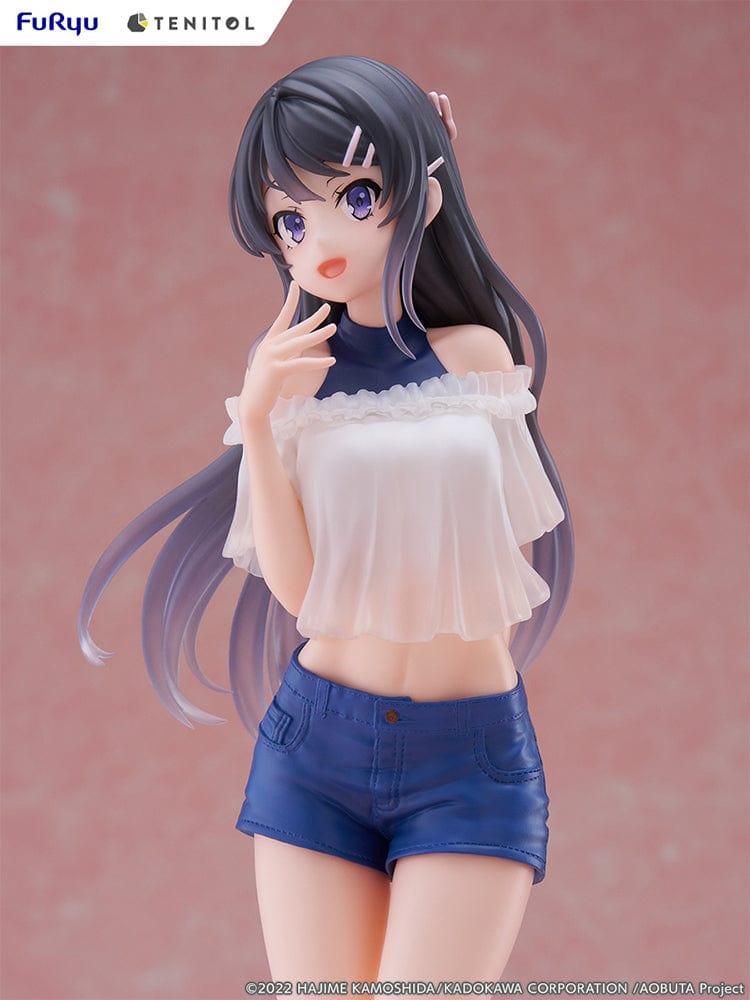  Rascal Does Not Dream of Bunny Girl Senpai Tenitol Tall Mai Sakurajima Figure in white off-shoulder top and blue shorts with long flowing hair.