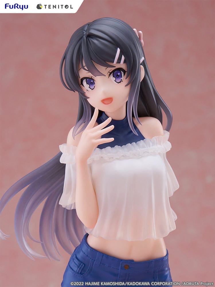  Rascal Does Not Dream of Bunny Girl Senpai Tenitol Tall Mai Sakurajima Figure in white off-shoulder top and blue shorts with long flowing hair.