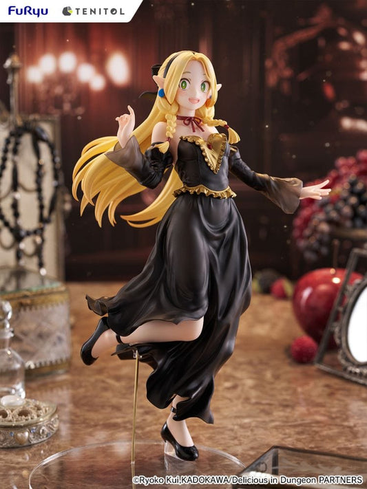 Marcille (Dress Style Ver.) figure from Delicious in Dungeon by Tenitol Tall, featuring black dress, braided hair, elf ears, and dynamic twirling pose.

