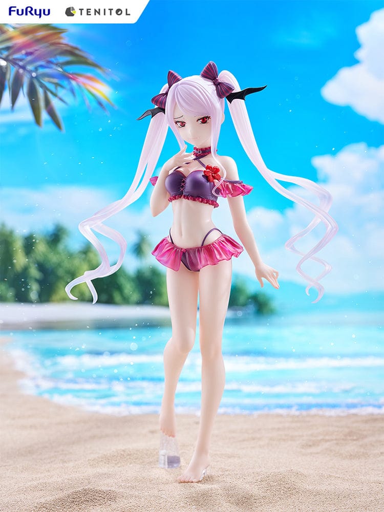 Overlord Tentiol Tall Shalltear Figure featuring Shalltear Bloodfallen in a dark red swimsuit, with long twin tails and bat-wing hair accessories.