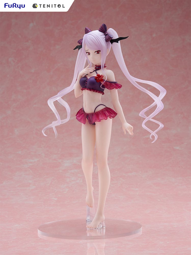 Overlord Tentiol Tall Shalltear Figure featuring Shalltear Bloodfallen in a dark red swimsuit, with long twin tails and bat-wing hair accessories.