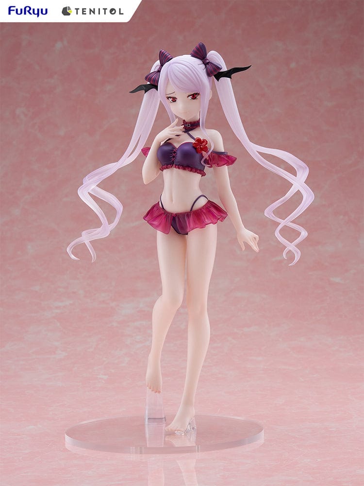 Overlord Tentiol Tall Shalltear Figure featuring Shalltear Bloodfallen in a dark red swimsuit, with long twin tails and bat-wing hair accessories.