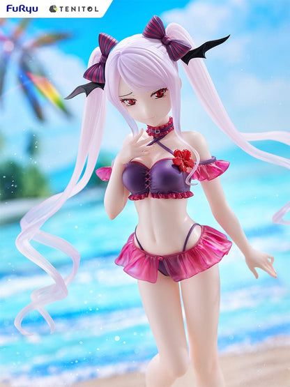 Overlord Tentiol Tall Shalltear Figure featuring Shalltear Bloodfallen in a dark red swimsuit, with long twin tails and bat-wing hair accessories.