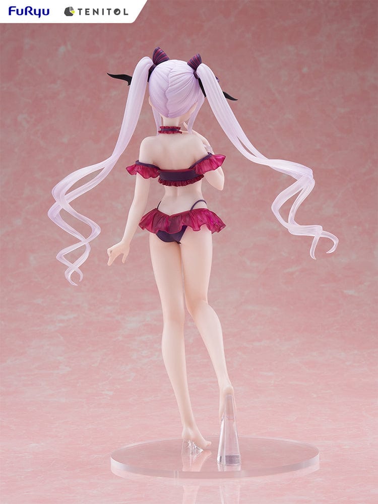 Overlord Tentiol Tall Shalltear Figure featuring Shalltear Bloodfallen in a dark red swimsuit, with long twin tails and bat-wing hair accessories.