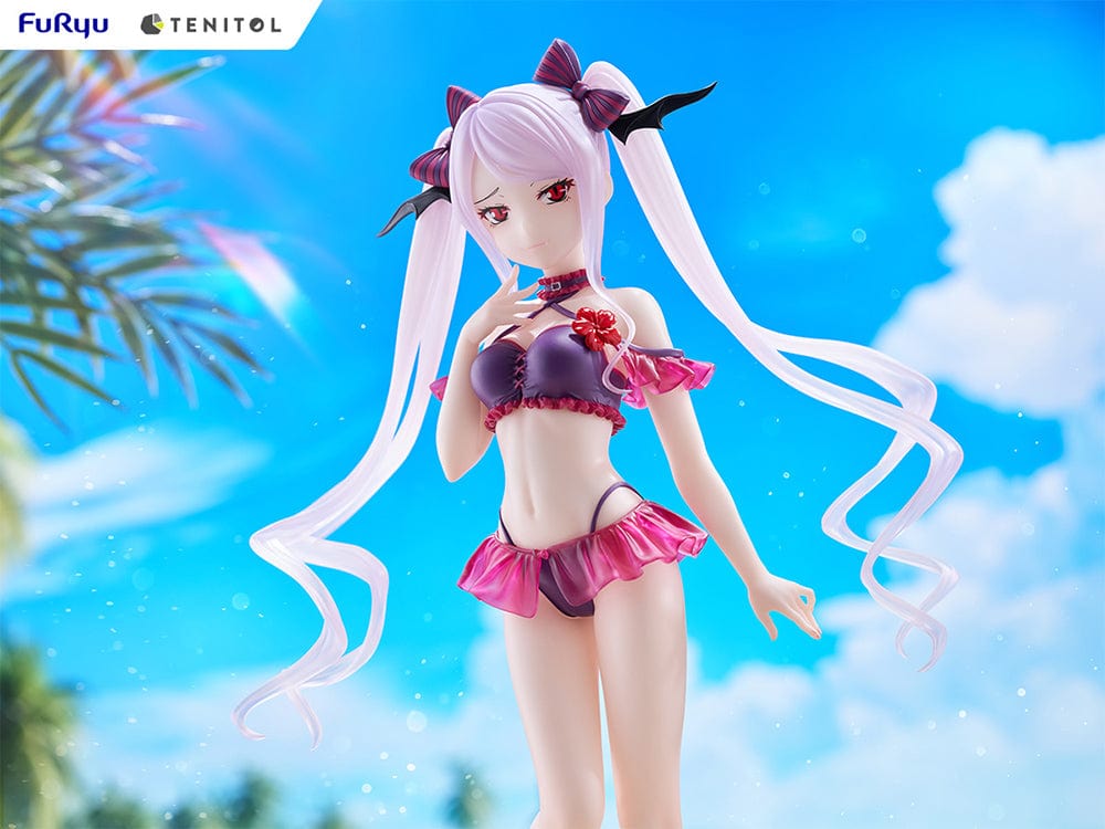 Overlord Tentiol Tall Shalltear Figure featuring Shalltear Bloodfallen in a dark red swimsuit, with long twin tails and bat-wing hair accessories.