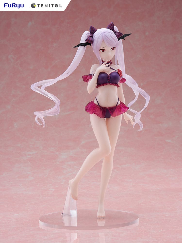 Overlord Tentiol Tall Shalltear Figure featuring Shalltear Bloodfallen in a dark red swimsuit, with long twin tails and bat-wing hair accessories.