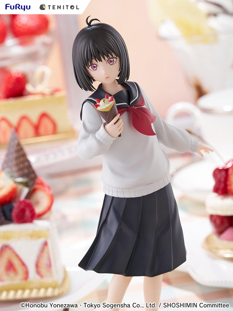 SHOSHIMIN: How to Become Ordinary Tenitol Yuki Osanai Figure holding a crepe, dressed in a school uniform with a flowing skirt, standing on a detailed base.