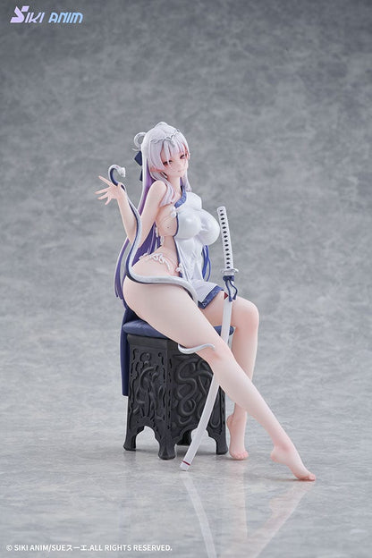 The Blue and White Snake (Deluxe Edition) 1/7 Scale Figure seated with katana accessory on ornate chair base