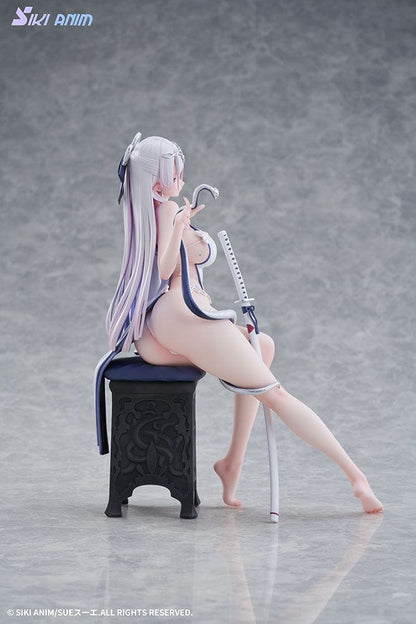 The Blue and White Snake (Deluxe Edition) 1/7 Scale Figure seated with katana accessory on ornate chair base