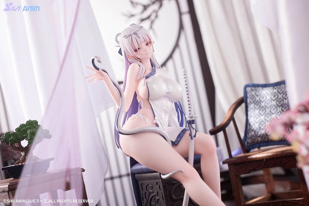 The Blue and White Snake (Deluxe Edition) 1/7 Scale Figure seated with katana accessory on ornate chair base