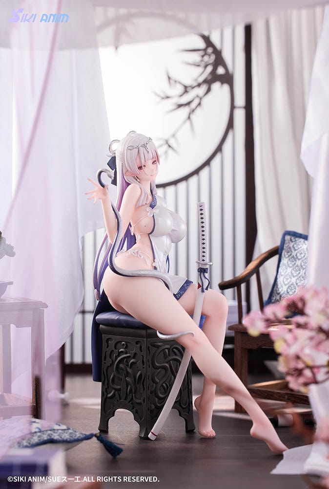 The Blue and White Snake (Deluxe Edition) 1/7 Scale Figure seated with katana accessory on ornate chair base
