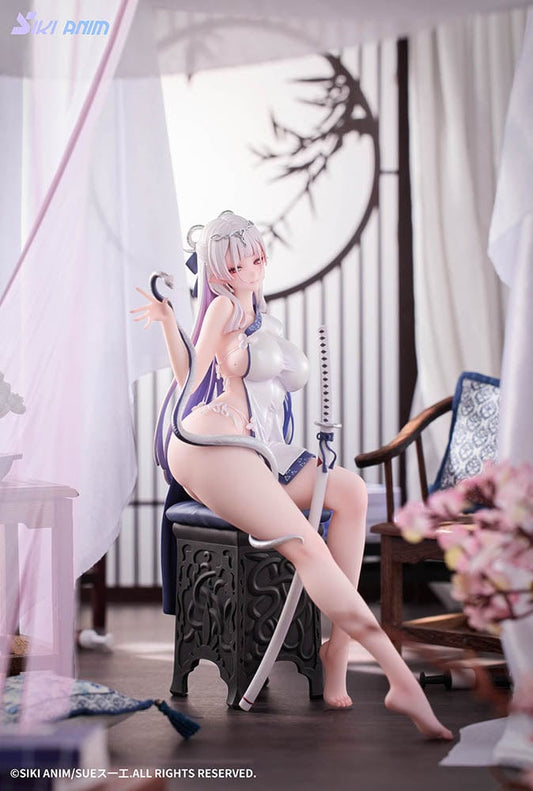 The Blue and White Snake (Deluxe Edition) 1/7 Scale Figure seated with katana accessory on ornate chair base