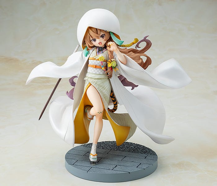 "Animated figure of Taiga Aisaka wearing a white kimono with a flowing white and yellow obi sash, accented by a tiger pattern. She has brown hair with floral decorations, steps forward on a cobblestone-pattern base, and has a spirited expression."