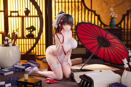 Azur Lane Takao 1/4 Scale Figure kneeling gracefully with a detailed lace outfit, holding a red ribbon, accompanied by a vibrant red parasol.