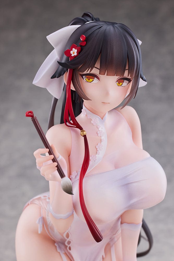 Azur Lane Takao 1/4 Scale Figure kneeling gracefully with a detailed lace outfit, holding a red ribbon, accompanied by a vibrant red parasol.