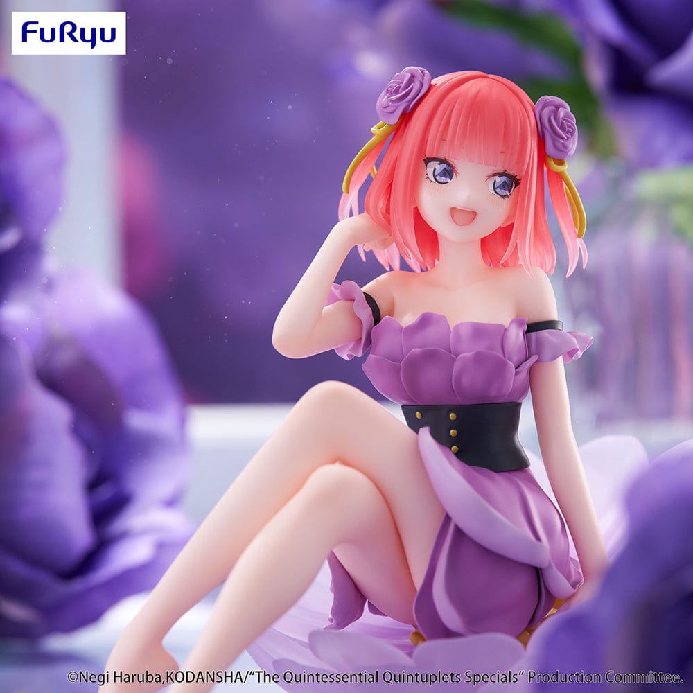 The Quintessential Quintuplets Bloo-me! Nino Nakano Figure seated in purple flower-inspired dress with floral hair accessories and radiant smile