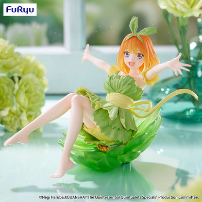 The Quintessential Quintuplets Bloo-me! Yotsuba Nakano Figure, featuring Yotsuba in a vibrant green leafy dress with a dynamic reclining pose, exuding cheerful energy and intricate detailing.