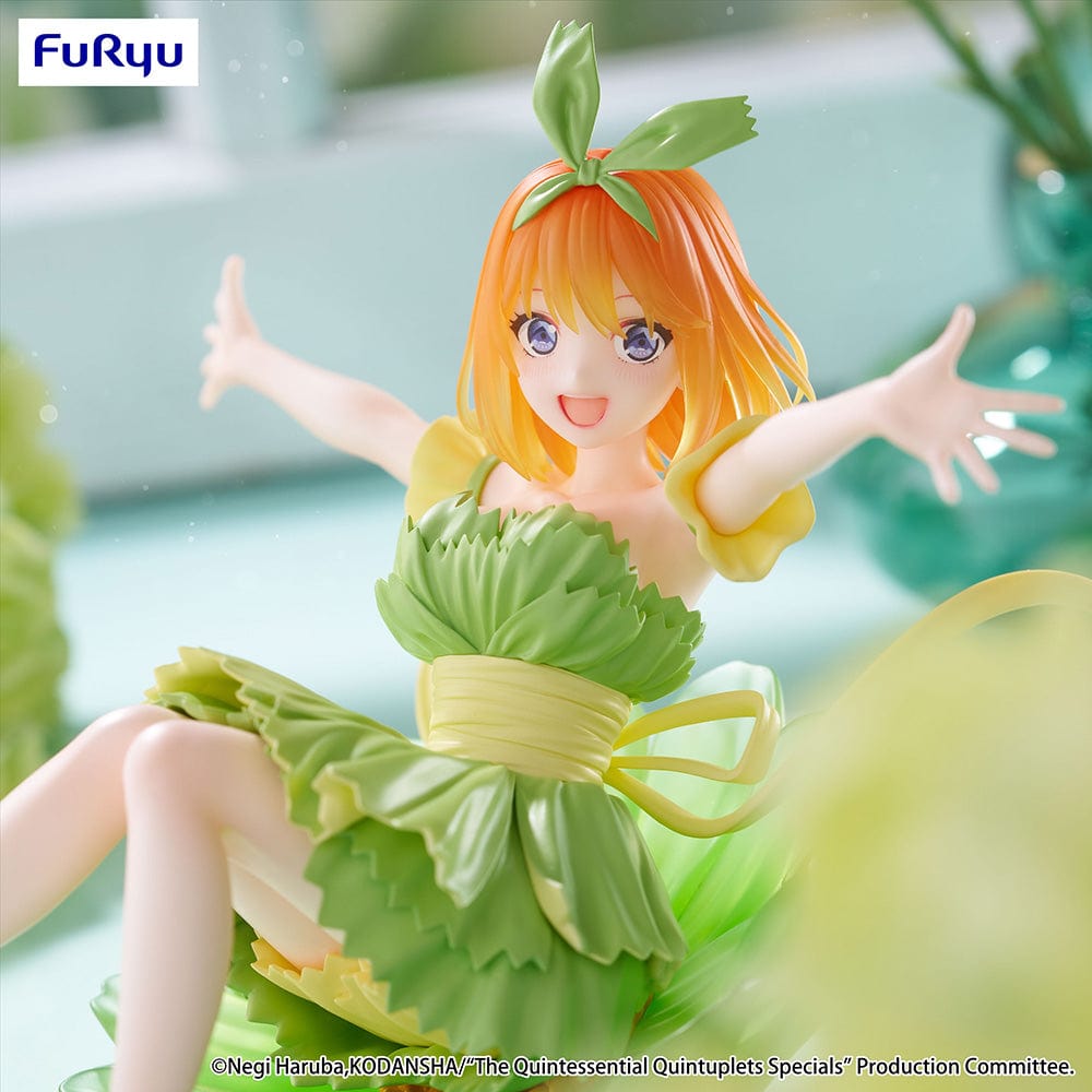 The Quintessential Quintuplets Bloo-me! Yotsuba Nakano Figure, featuring Yotsuba in a vibrant green leafy dress with a dynamic reclining pose, exuding cheerful energy and intricate detailing.