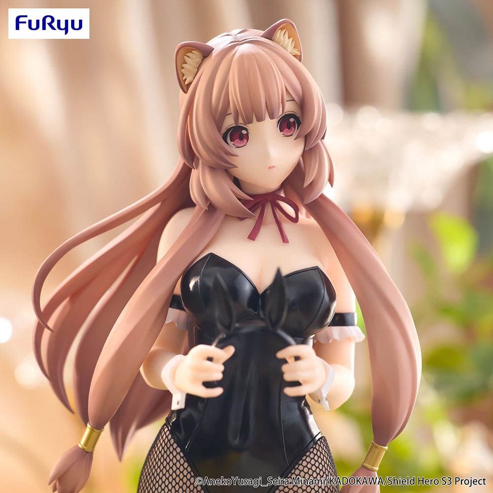 The Rising of the Shield Hero BiCute Bunnies Raphtalia figure in black bunny outfit, fishnet stockings, and bunny ears, standing in an elegant pose.