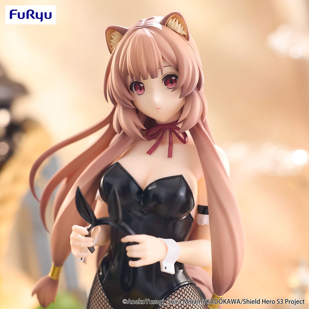 The Rising of the Shield Hero BiCute Bunnies Raphtalia figure in black bunny outfit, fishnet stockings, and bunny ears, standing in an elegant pose.