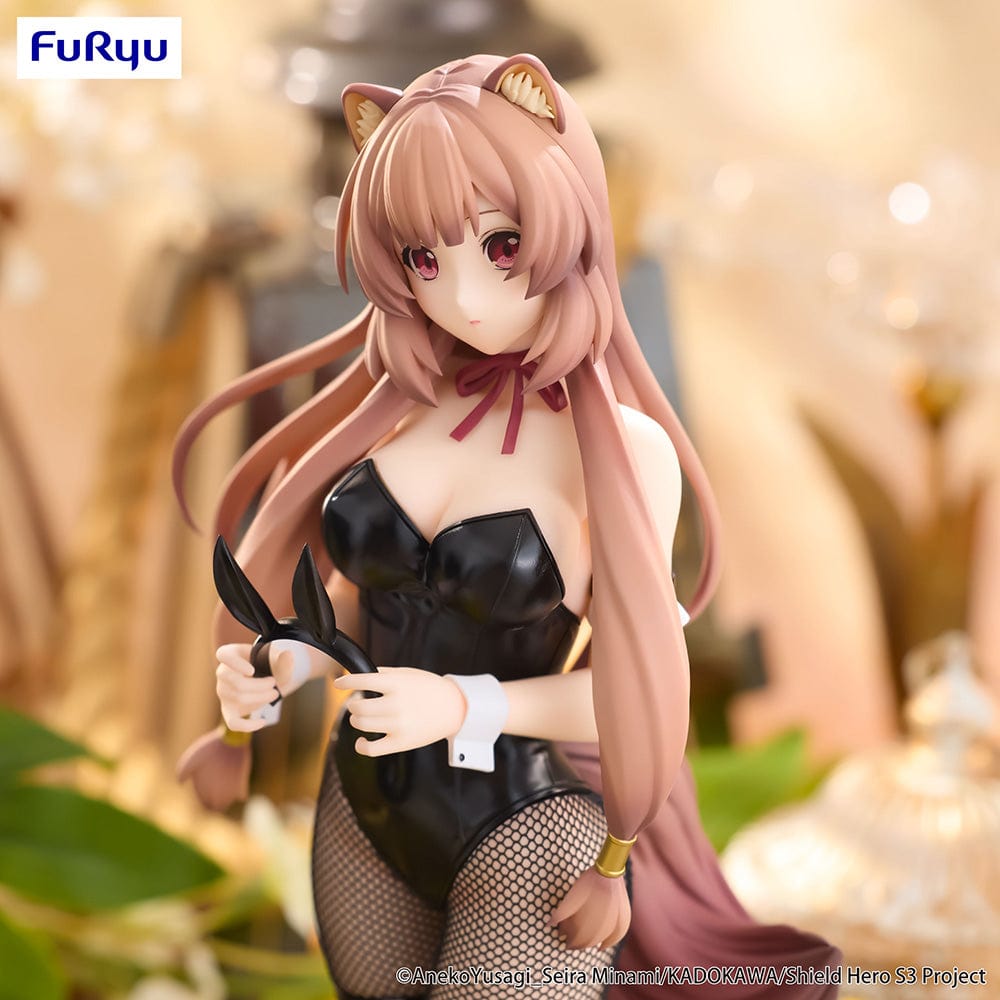 The Rising of the Shield Hero BiCute Bunnies Raphtalia figure in black bunny outfit, fishnet stockings, and bunny ears, standing in an elegant pose.