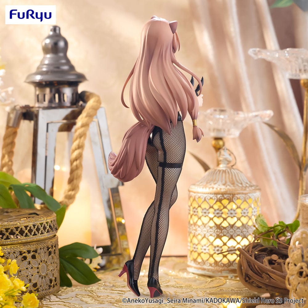 The Rising of the Shield Hero BiCute Bunnies Raphtalia figure in black bunny outfit, fishnet stockings, and bunny ears, standing in an elegant pose.