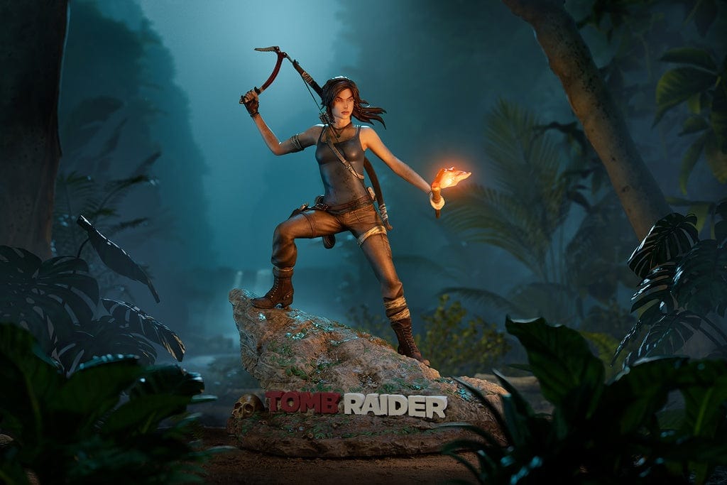 Tomb Raider Lara Croft (Survivor Era) Statue holding climbing axe and torch, in rugged survival gear on rocky base with foliage and skull