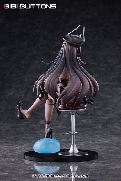 Torture Officer Usami Kaoru 1/6 Scale Figure seated on a stylish chair, holding a whip, with detailed black outfit, thigh-high stockings, and blue slime accessory.