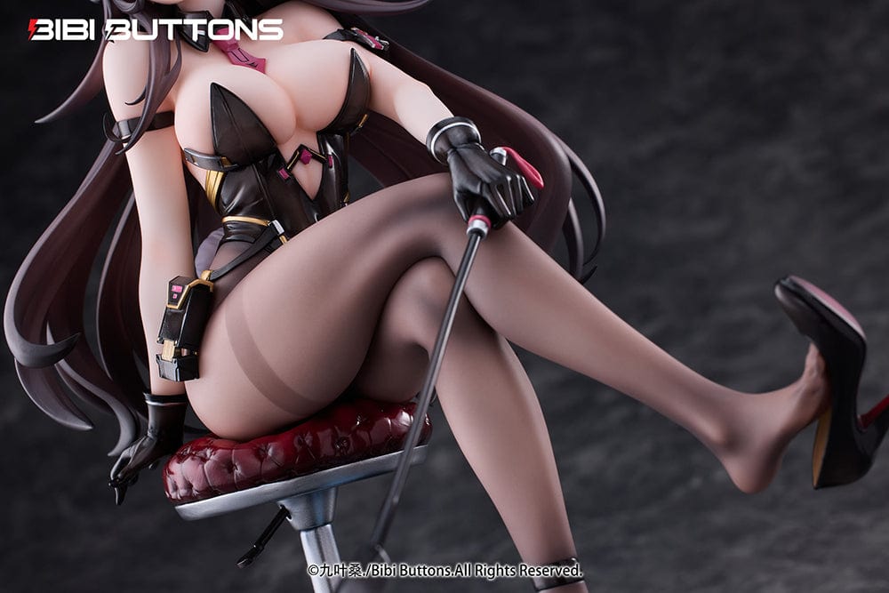 Torture Officer Usami Kaoru 1/6 Scale Figure seated on a stylish chair, holding a whip, with detailed black outfit, thigh-high stockings, and blue slime accessory.