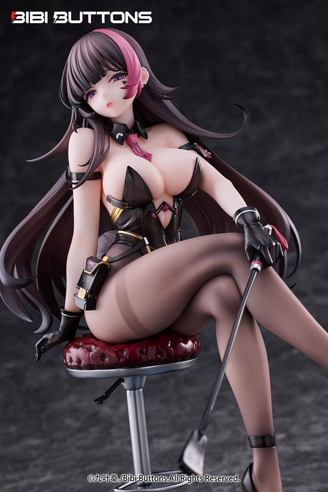 Torture Officer Usami Kaoru 1/6 Scale Figure seated on a stylish chair, holding a whip, with detailed black outfit, thigh-high stockings, and blue slime accessory.