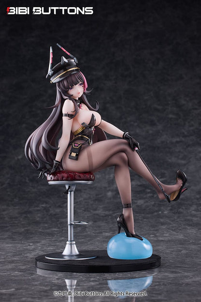 Torture Officer Usami Kaoru 1/6 Scale Figure seated on a stylish chair, holding a whip, with detailed black outfit, thigh-high stockings, and blue slime accessory.