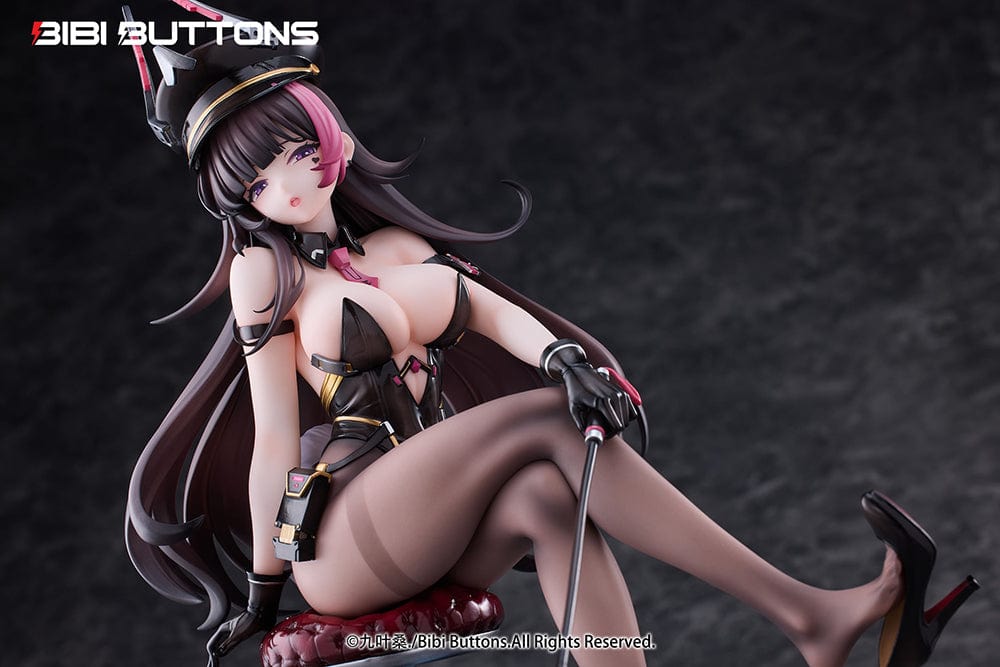 Torture Officer Usami Kaoru 1/6 Scale Figure seated on a stylish chair, holding a whip, with detailed black outfit, thigh-high stockings, and blue slime accessory.