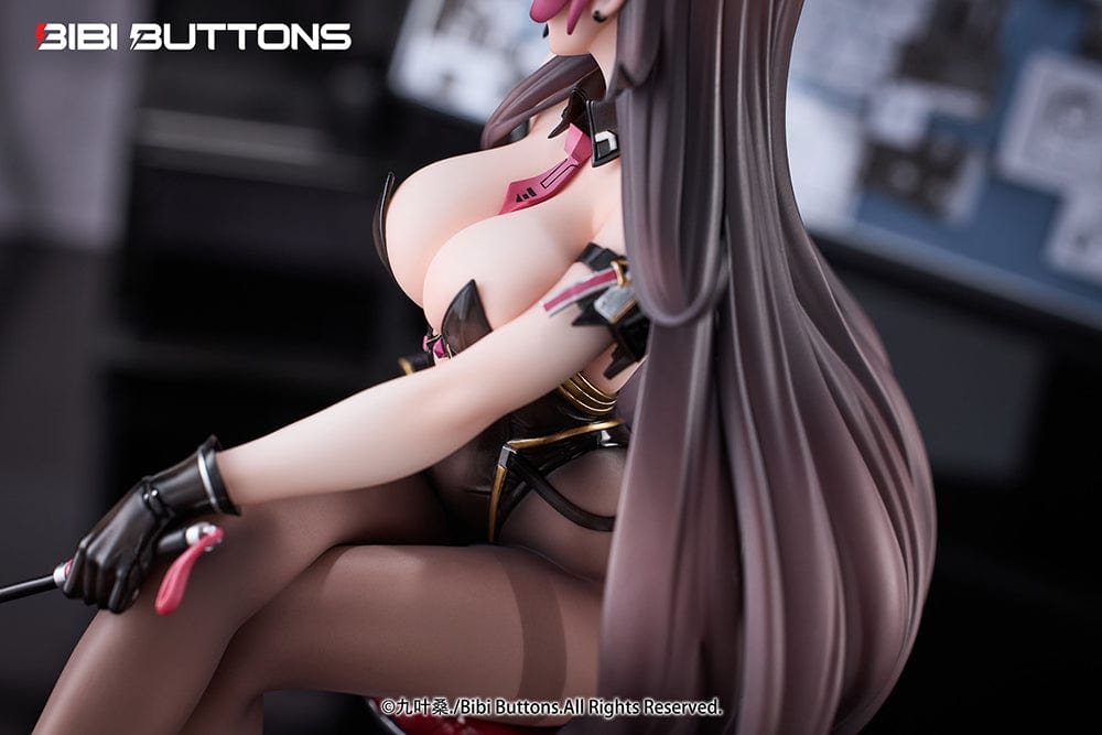 Torture Officer Usami Kaoru 1/6 Scale Figure seated on a stylish chair, holding a whip, with detailed black outfit, thigh-high stockings, and blue slime accessory.