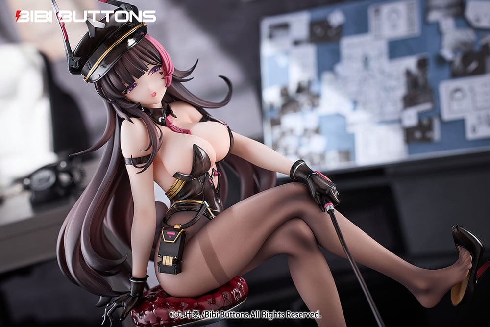 Torture Officer Usami Kaoru 1/6 Scale Figure seated on a stylish chair, holding a whip, with detailed black outfit, thigh-high stockings, and blue slime accessory.