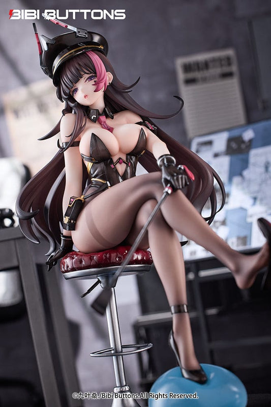 Torture Officer Usami Kaoru 1/6 Scale Figure seated on a stylish chair, holding a whip, with detailed black outfit, thigh-high stockings, and blue slime accessory.