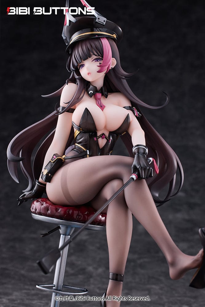 Torture Officer Usami Kaoru 1/6 Scale Figure seated on a stylish chair, holding a whip, with detailed black outfit, thigh-high stockings, and blue slime accessory.