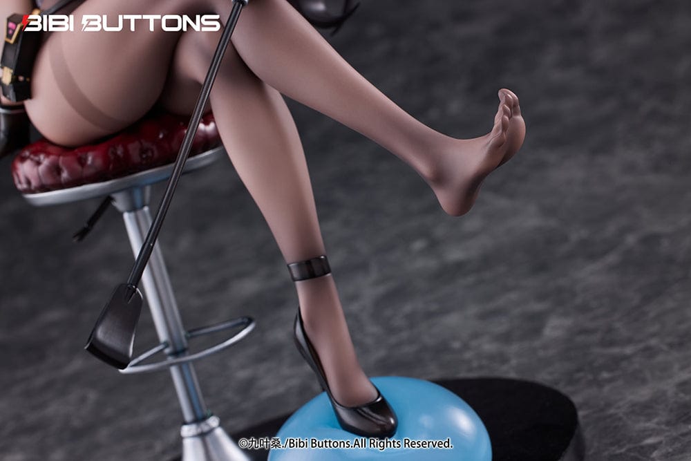 Torture Officer Usami Kaoru 1/6 Scale Figure seated on a stylish chair, holding a whip, with detailed black outfit, thigh-high stockings, and blue slime accessory.