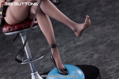 Torture Officer Usami Kaoru 1/6 Scale Figure seated on a stylish chair, holding a whip, with detailed black outfit, thigh-high stockings, and blue slime accessory.