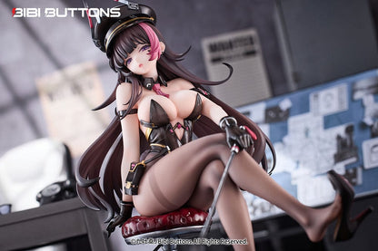 Torture Officer Usami Kaoru 1/6 Scale Figure seated on a stylish chair, holding a whip, with detailed black outfit, thigh-high stockings, and blue slime accessory.