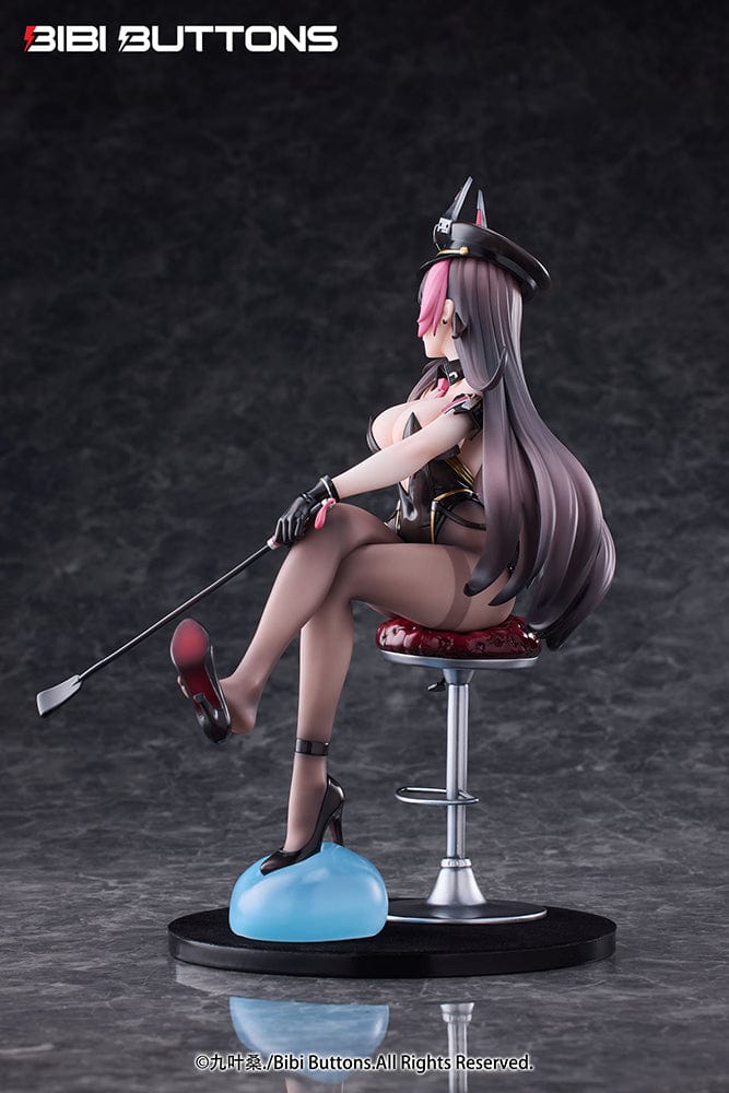 Torture Officer Usami Kaoru 1/6 Scale Figure seated on a stylish chair, holding a whip, with detailed black outfit, thigh-high stockings, and blue slime accessory.