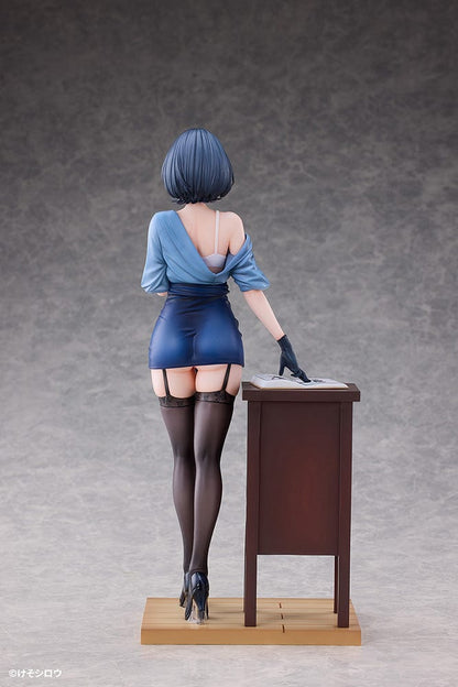 1/6 Scale Figure of Rumi from Toutotsu ni Nugidasu Tennen Bijutsu Kyoushi, standing elegantly beside a wooden podium in a sleek blue dress.