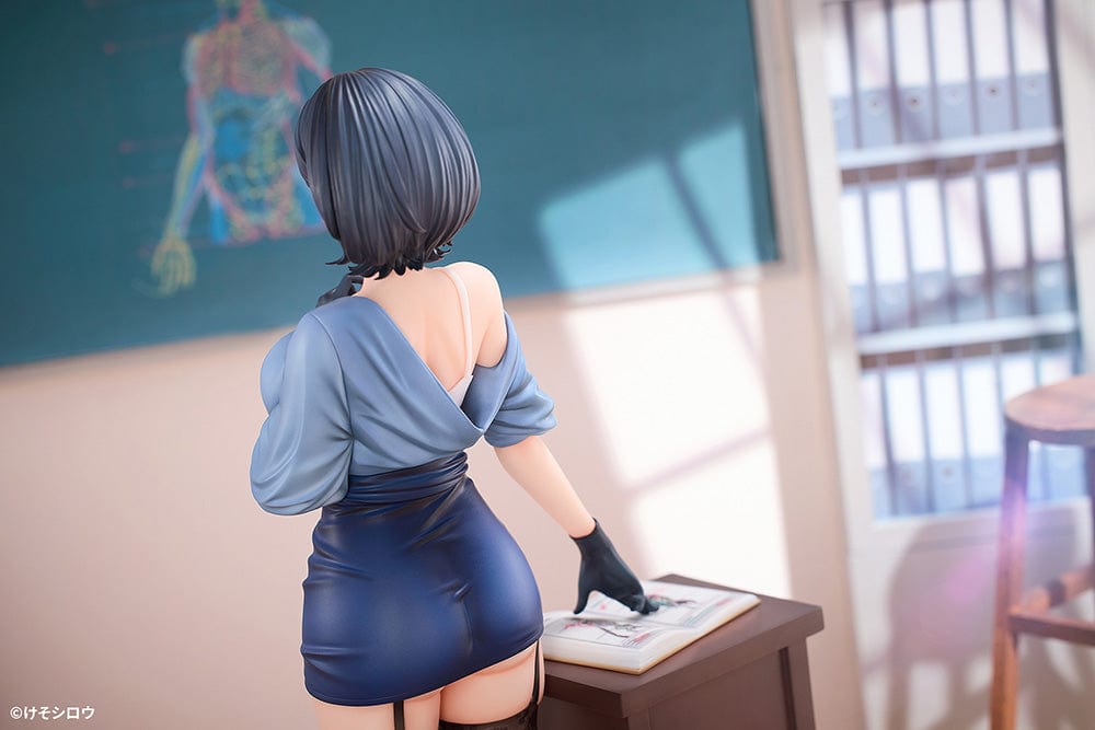 1/6 Scale Figure of Rumi from Toutotsu ni Nugidasu Tennen Bijutsu Kyoushi, standing elegantly beside a wooden podium in a sleek blue dress.