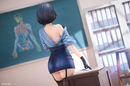 1/6 Scale Figure of Rumi from Toutotsu ni Nugidasu Tennen Bijutsu Kyoushi, standing elegantly beside a wooden podium in a sleek blue dress.