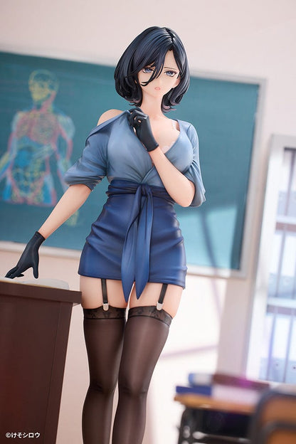 1/6 Scale Figure of Rumi from Toutotsu ni Nugidasu Tennen Bijutsu Kyoushi, standing elegantly beside a wooden podium in a sleek blue dress.