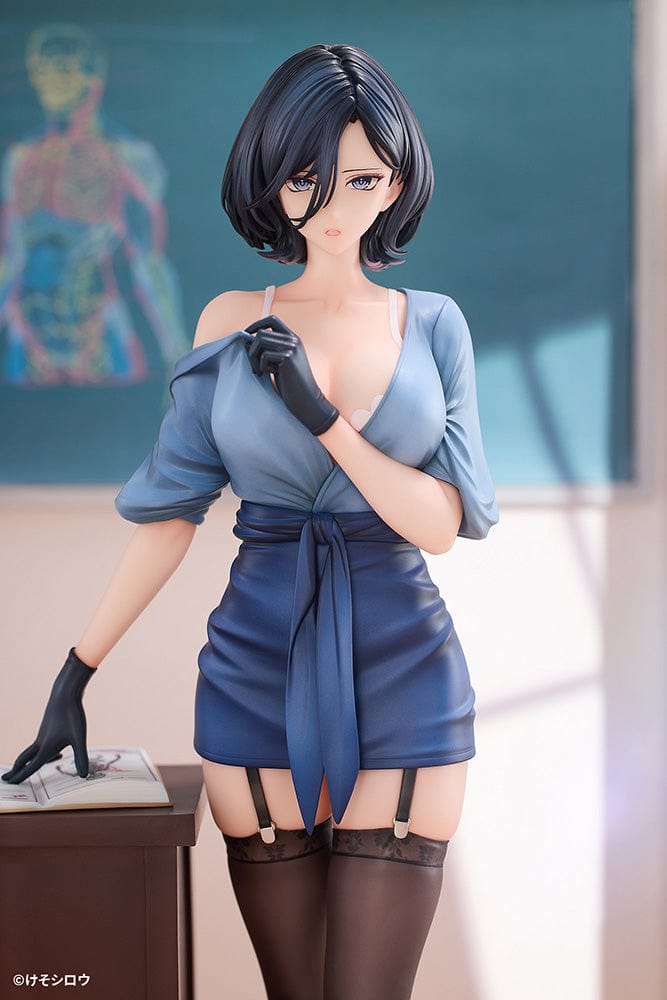 1/6 Scale Figure of Rumi from Toutotsu ni Nugidasu Tennen Bijutsu Kyoushi, standing elegantly beside a wooden podium in a sleek blue dress.