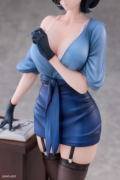 1/6 Scale Figure of Rumi from Toutotsu ni Nugidasu Tennen Bijutsu Kyoushi, standing elegantly beside a wooden podium in a sleek blue dress.