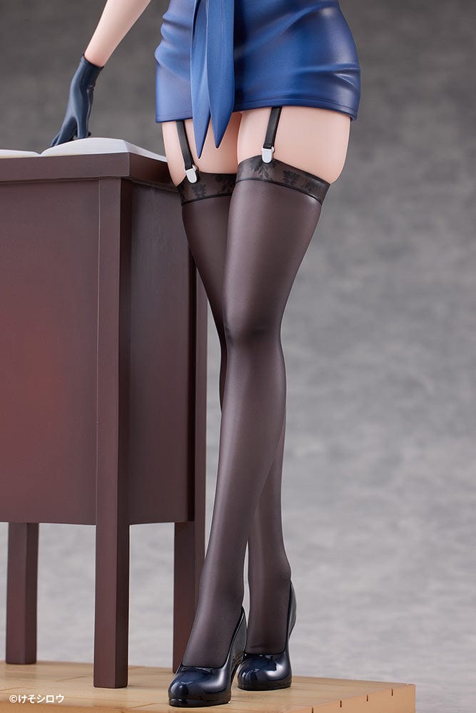 1/6 Scale Figure of Rumi from Toutotsu ni Nugidasu Tennen Bijutsu Kyoushi, standing elegantly beside a wooden podium in a sleek blue dress.