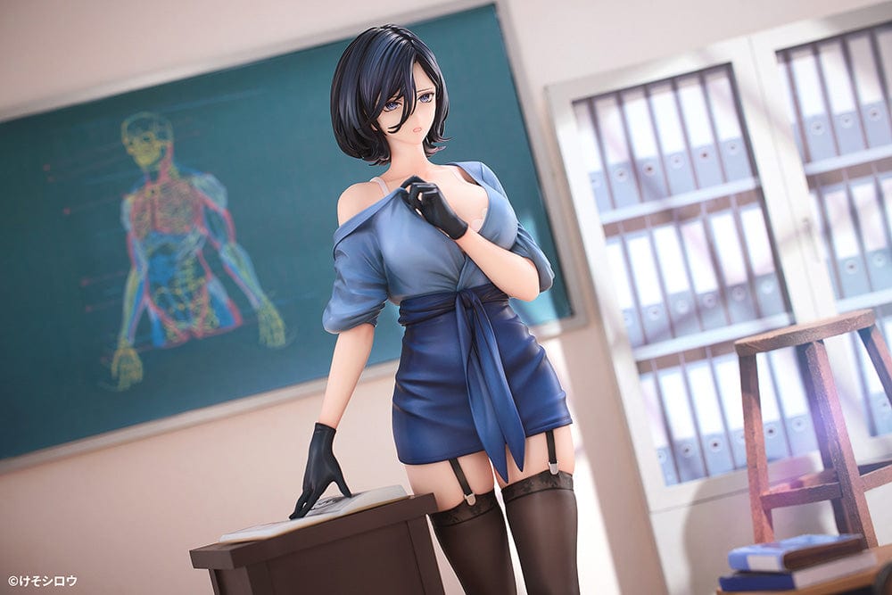 1/6 Scale Figure of Rumi from Toutotsu ni Nugidasu Tennen Bijutsu Kyoushi, standing elegantly beside a wooden podium in a sleek blue dress.