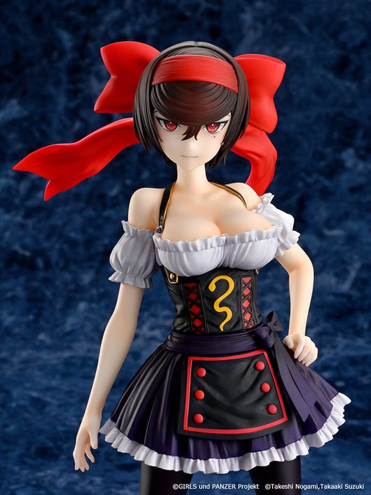 Girls und Panzer Shizuka Tsuruki figure in a dirndl outfit standing confidently on a red and black base with a large ribbon in her hair

